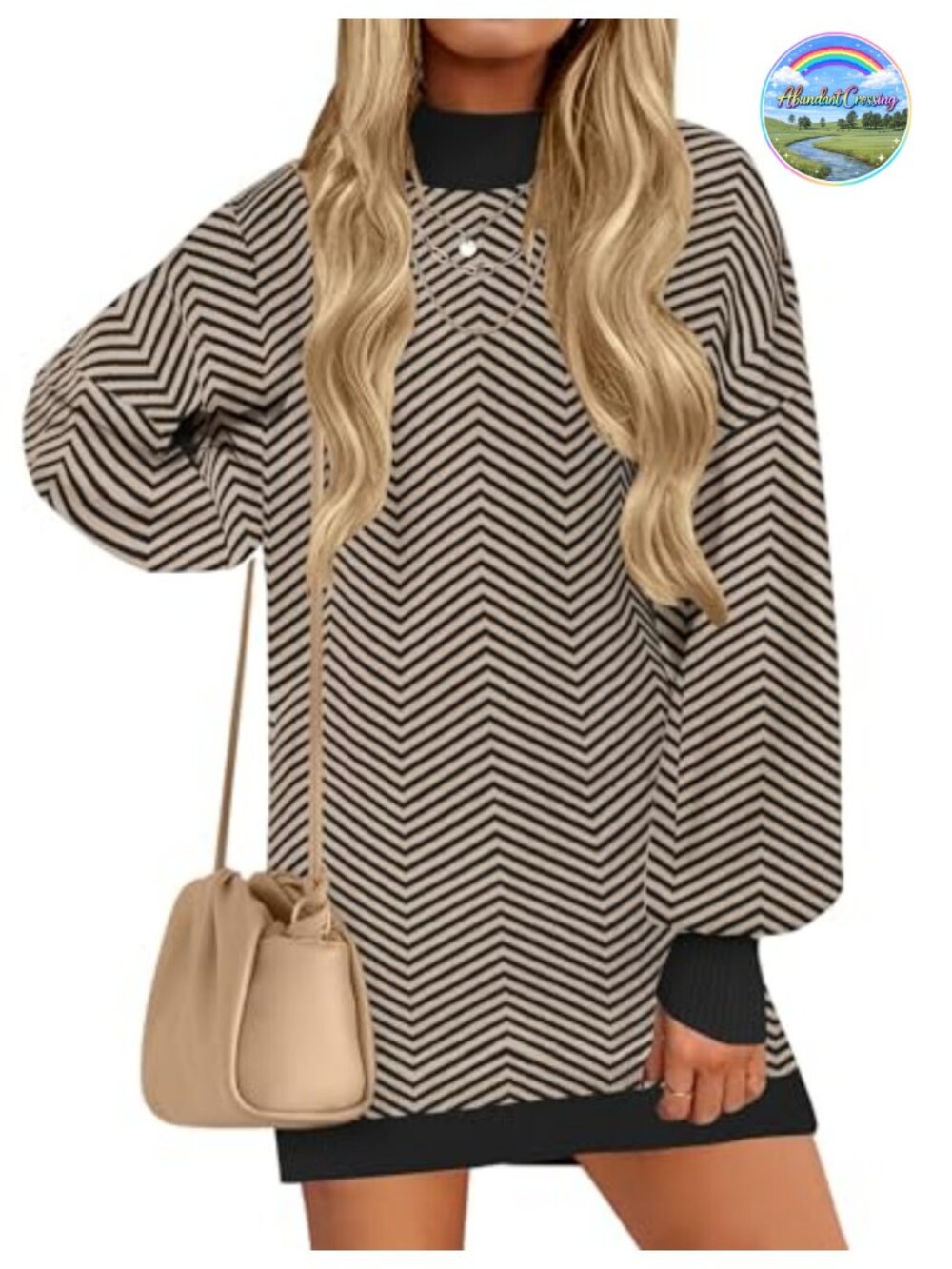Mock Neck Mini Sweater Dress Lantern Long Sleeve Ribbed Knit Loose Fit